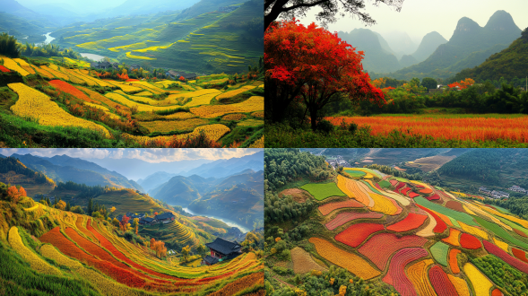 广西的秋色，如诗如画，雨后清晨，国画风格，毛笔勾勒。稻田金黄，麦浪翻滚，满是丰收的喜悦。山林被染成五彩斑斓，枫叶似火，银杏如金。漓江的水更显碧绿，倒映着秋的绚丽。古村炊烟袅袅，桂花香飘四溢，让人陶醉在这迷人的秋景之中。俯拍，远景，真实风景拍摄，唯美意境，高清品质