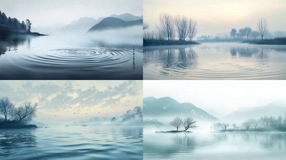 初春，雨后清晨，河畔，水波荡漾，如诗如画，国画风格，毛笔勾勒，柔和光线，长焦镜头，动态模糊, 大面积天空，远景，真实风景拍摄，唯美意境，高清品质