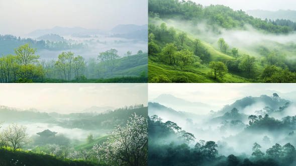 初春，雨后清晨，a green hillside with a foggy forest, 国画风格，毛笔勾勒，柔和光线，长焦镜头，动态模糊, 大面积天空，大面积天空，远景，真实风景拍摄，唯美意境，高清品质