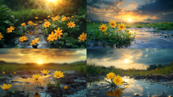 初夏，雨后清晨，第一缕阳光，黄色的花朵生长在雨路的水洼上，照片写实的风景风格，高清摄影，野生植物摄影技术，质朴美感，真实性和现实感，大面积天空，远景，真实风景拍摄，唯美意境，高清品质