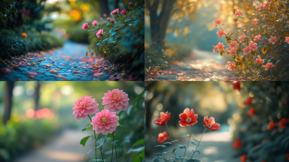 初秋，几朵盛开的小花在生长在小路旁，超写实照片,中国花朵非常艳丽,背景为bokeh,佳能r5,50mm f/22,照片写实,特写，真是风景拍摄，唯美意境，高清品质