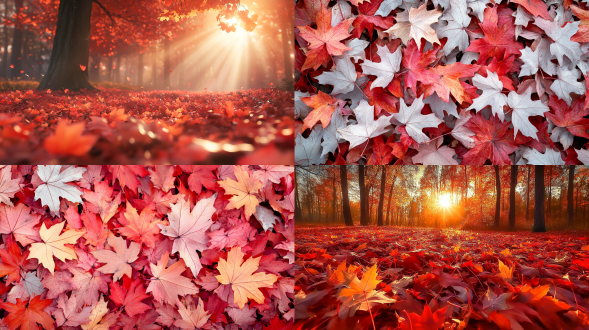 秋天，一堆枫叶在阳光下的树上，以浅红和浅橙色的风格，温柔光线，浅红和银色，醒目，发光的质量 ，广角，真是风景拍摄，唯美意境，高清品质