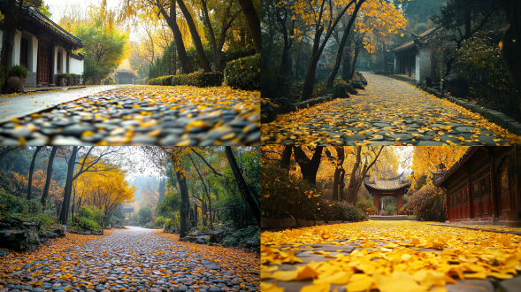 古代中国，江南风光,深秋，茂密的树林中间，一条即将拐弯的美丽小路，路上铺满了石子，树叶已经黄了，黄的十分自然，美观，高品质，高清晰度，真实的摄影，唯美，枫叶满地,，大面积天空，远景，俯拍，真是风景拍摄，唯美意境，高清品质
