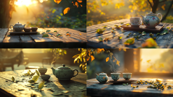 古代中国，初秋，旧木餐桌上的茶具，上面有破碎的枯叶（有绿色植物，模糊），日落，背光，超现实主义，室内，特写，微距，光线追踪，景深，超级细节，8k，商业摄影，垂直构图，真是风景拍摄，唯美意境，高清品质，真是风景拍摄，唯美意境，高清品质