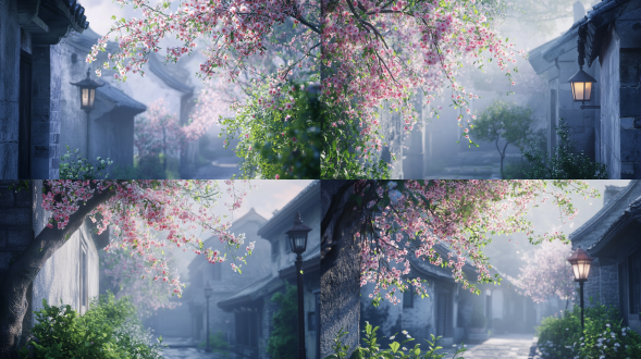 梅花盛开在伸展的树枝上，周围是郁郁葱葱的绿叶，展现出色彩。背景是浅灰色的石墙房屋，上面画着精致的纹理和轮廓。通过光滑的纹理，用柔软而独特的颜色装饰，完美地表达了一件艺术品，舒适而神秘，赋予了它迷人的魅力。路灯下路边的三色玫瑰是白色、浅绿色和粉色，细节非常明显。色彩变化丰富，画面生动，造型独特。我从未见过如此美丽的花，非常美丽，非常真实，真的很漂亮，大面积天空，远景，俯拍，真实风景拍摄，唯美意境，高清品质