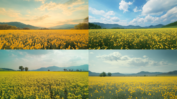 一片一望无际的油菜花花海,绚丽的天空,远处有山，有树，，第一人称侧面视角，大面积天空，远景，俯拍，真实风景拍摄，唯美意境，高清品质