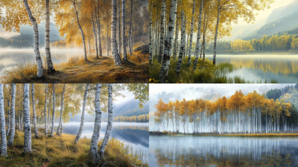 白桦林中，寒冷的秋风吹过，林间被白色雾气笼罩。湖水清澈如镜，映照出远处山峦的轮廓，绿色的草丛在水边招摇。真实的白桦树林沐浴在晨雾中，枝叶之间透出暖黄色的光线，带来一种安详的气氛。多角度拍摄，专业摄影师用尼康相机记录下这神秘而美丽的景象，图片高清16k，视觉上非常真实。，大面积天空，远景，俯拍，真实风景拍摄，唯美意境，高清品质