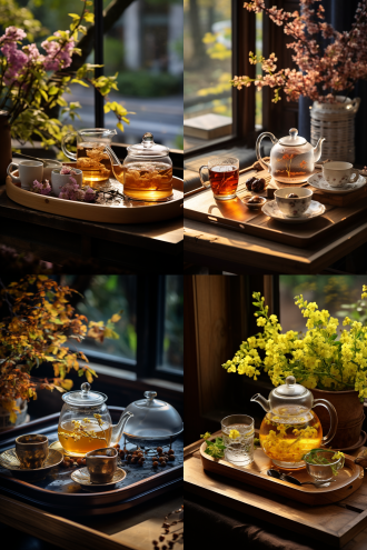 初秋，江南小镇背景，木桌，花，一个拖盘，拖盘里有一个茶壶，两杯茶，甘露露珠。 晶莹剔透，意境优美，人间烟火，超高清，治愈，高级，细致，高质量，高定义，真实拍摄，唯美意境，高清品质