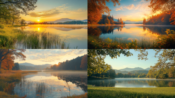 初秋，夕阳，大面积天空，公园，林间被白色雾气笼罩。湖水清澈如镜，映照出远处山峦的轮廓，绿色的草丛在水边招摇，枝叶之间透出暖黄色的光线，带来一种安详的气氛。多角度拍摄，专业摄影师用尼康相机记录下这神秘而美丽的景象，远景，俯拍，真实风景拍摄，唯美意境，高清品质