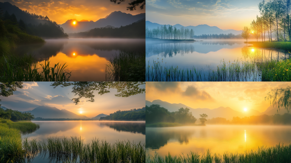 初秋，夕阳，大面积天空，洞庭湖，林间被白色雾气笼罩。湖水清澈如镜，映照出远处山峦的轮廓，绿色的草丛在水边招摇，枝叶之间透出暖黄色的光线，带来一种安详的气氛。多角度拍摄，专业摄影师用尼康相机记录下这神秘而美丽的景象，远景，俯拍，真实风景拍摄，唯美意境，高清品质
