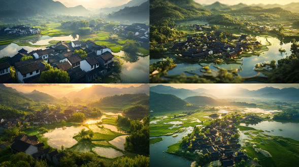 航初秋，夕阳，拍中国南方的乡村、稻田和青山绿水，上面覆盖着黑色的瓦房。房子周围是湿地，到处都是水草，营造出田园诗般的乡村景观。高清摄影。高分辨率，超清晰细节，逼真的照片。鸟瞰图。以《国家地理》杂志的风格。广角镜头。明亮的颜色。绿色的草原，绿色的稻田，白色的野花盛开，郁郁葱葱的树木生长在它们周围。低调风格。柔和的光影。真是风景拍摄，唯美意境，高清品质