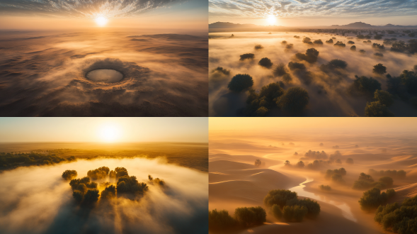 初秋，清晨，第一缕阳光，沙漠，远处有一点绿洲被雾气笼罩，多角度拍摄，专业摄影师用尼康相机记录下这神秘而美丽的景象，远景，俯拍，真实风景拍摄，唯美意境，高清品质