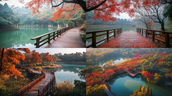 初期，清晨，the most beautiful park in the city of huizhou, guangdong province, on an autumn morning with red maple trees and milky white cypress trees, has wooden guardrail paths up to three meters high. the landscape photography lens captures stunning scenery from multiple angles, featuring vibrant colors, wideangle shots, highdefinition images, and bright sunshine. it is illuminated by natural light, presenting warm tones. a lake nearby adds splendor. ，远景，实风景拍摄，唯美意境，高清品质