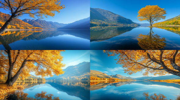 蓝天上，青山碧水前有一株秋黄的树，两岸倒影，湖面倒映着金黄的枫树，让人心旷神怡。这是一张高清晰、高分辨率、高细节、高对比度、高动态范围的高品质风景照片。，晴天，大面积天空，远景，，唯美意境，高清品质