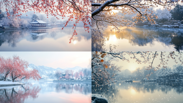 初冬，清晨，第一缕阳光，雪景、江南园林背景、梅花、湖畔，倒影，超清晰、特写、摄影，远景，真实风景拍摄，唯美意境，高清品质