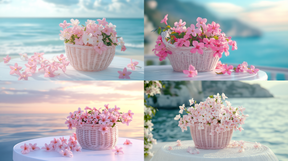 海边，白色圆桌上，有一个粉色花篮，篮子里是粉色色茉莉花，桌面也散落着一些茉莉花，清新淡雅，高清画质，专业摄影，唯美意境，高清品质