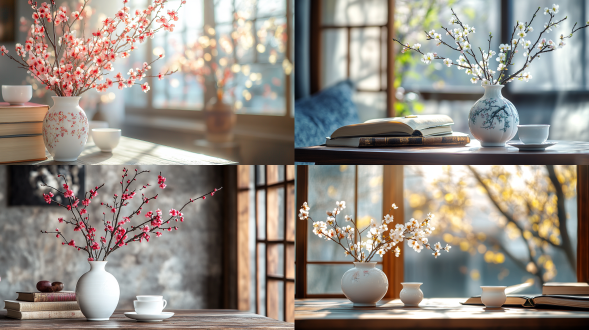 江南小镇背景，插在白瓷花瓶里的梅花，明清风格中国茶几，中国古代线装书，白瓷茶杯，中国屏风，金色的，中国山水画，中远景摄影，室内，柔和，幽暗宁静，电影光线，微距镜头，专业摄影，远景，真实风景拍摄，唯美意境，高清品质