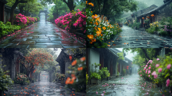 江南小镇背景，after the rain, jiangnan style house, ancient trees, wet stone road, on both sides are a variety of colors competing flowers, air humid, depth, super high definition, wide angle, panorama，电影光线，微距镜头，专业摄影，远景，真实风景拍摄，唯美意境，高清品质