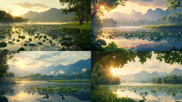 the sun rises in the morning, and lotus leaves float on water with reflections of green rice fields and trees. the distant mountains cover misty clouds. in front is an elegant lake surrounded by ancient trees. this picturesque scene seems to be from heaven itself. the sunlight shines through the sky, casting warm hues over everything. the style is hyper realistic photography in the style of a big shot pose.。 电影光线，微距镜头，专业摄影，远景，真实风景拍摄，唯美意境，高清品质