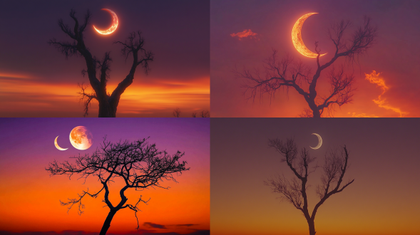 a tall leafless tree, with the moon hanging in front of it. the sky is orange and purple, with a sunset glow behind it. there's another crescent moon on top of a nearby branch. 。 电影光线，微距镜头，专业摄影，远景，真实风景拍摄，唯美意境，高清品质