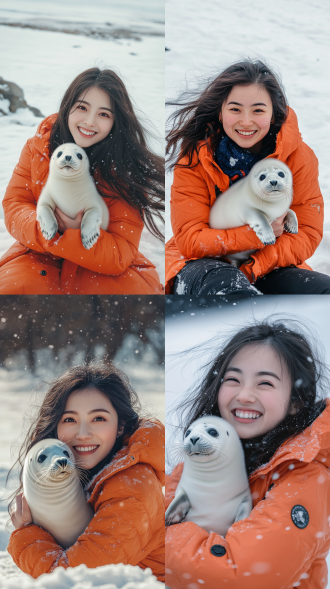 an asian woman sat playing in the snow with a small white seal on her arm. the woman is kind and beautiful, with long hair, wearing a bright orange down jacket, smiling happily, and has a large mole on the corner of her mouth. create a warm and harmonious atmosphere,the photography is a documentary-style, medium-shot snowscape