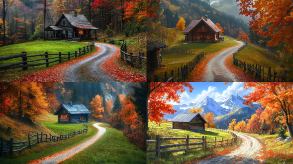 beautiful road leading to the house, surrounded by green grass and colorful trees, with red maple leaves on both sides of it. the log cabin is located in an open field at one end of the curved mountain road, surrounded by wooden fences. in autumn, there will be bright colors like orange and yellow, adding a joyous atmosphere to the entire scene. it's like being immersed in a beautiful painting, which makes people feel peaceful. 电影光线，微距镜头，专业摄影，远景，真实风景拍摄，唯美意境，高清画质