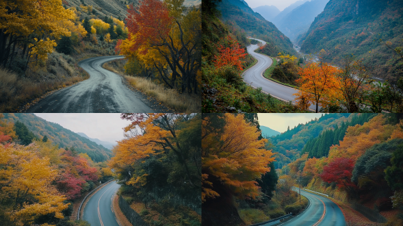 山间的一条道路，两旁是五彩斑斓的秋树，树枝低垂，营造出充满色彩的氛围。相机聚焦于捕捉蜿蜒的山间道路和郁郁葱葱的绿色森林。在深秋时节，每条街边的一端都有一棵泛黄的枫树，枫叶刚刚绽放出红色，为其如画的美景增添了一抹色彩。电影光线，微距镜头，专业摄影，远景，真实风景拍摄，唯美意境，高清画质