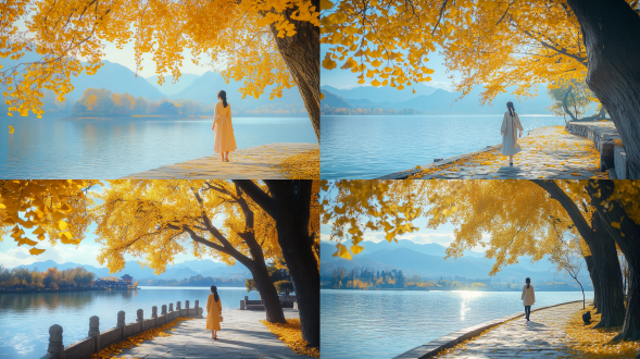 秋天的西湖，金黄色的银杏叶在微风中飘落，湖面波光粼粼，倒映着远处的山峦和蓝天。一位穿着轻盈秋装的姑娘漫步于湖边石径，神情恬静，周围是一片温暖的阳光，彷佛时间在此静止。。电影光线，微距镜头，专业摄影，远景，真实风景拍摄，唯美意境，高清画质