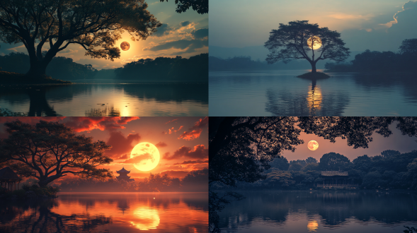 树，月亮，风景，户外，水，倒影，天空，太阳，茂密的大树，日落，湖，东亚建筑，满月，电影光线，微距镜头，专业摄影，远景，真实风景拍摄，唯美意境，高清画质