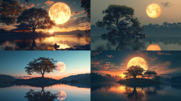树，月亮，风景，户外，水，倒影，天空，太阳，茂密的大树，日落，湖，东亚建筑，满月，电影光线，微距镜头，专业摄影，远景，真实风景拍摄，唯美意境，高清画质