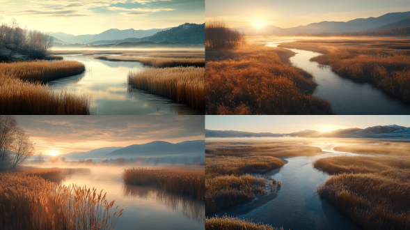初冬清晨，第一缕阳光，美景，蜿蜒的小河，芦苇荡，远处山峦，淡淡的雾，大面积天空，远景，电影光线，专业摄影，真实风景拍摄，唯美意境，高清画质
