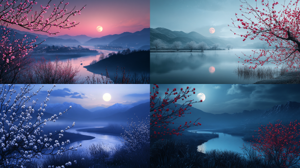 初冬，夜晚，梅花，背景是蜿蜒的小河，明月，远处山峦，淡淡的雾，大面积天空，远景，电影光线，专业摄影，真实风景拍摄，唯美意境，高清画质