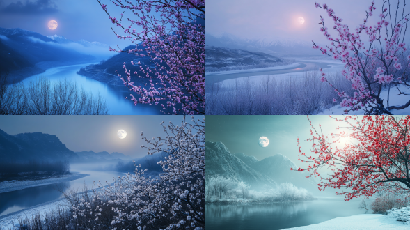 初冬，清晨，梅花，背景是蜿蜒的小河，白雪覆盖，明月，远处山峦，淡淡的雾，大面积天空，远景，电影光线，专业摄影，真实风景拍摄，唯美意境，高清画质