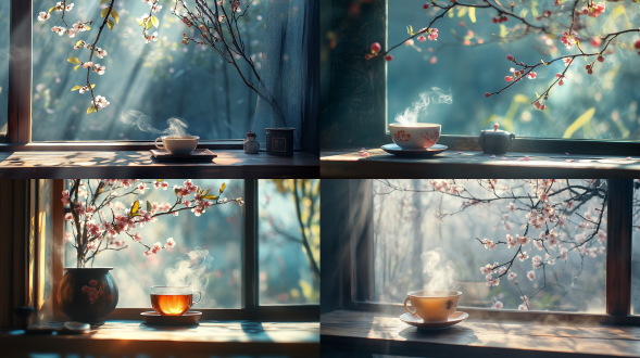 窗外梅花，一个装满热气腾腾的茶放在木桌上，周围是透过外面树叶的柔和阳光。中国艺术的风格 ，电影光线，45°拍摄，真实风景拍摄，唯美意境，高清画质