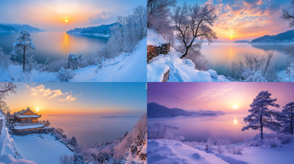 冬季，夕阳，千岛湖，人间仙境，大面积天空，远处雾，远景，自然光线，真实风景，唯美意境，高清画质