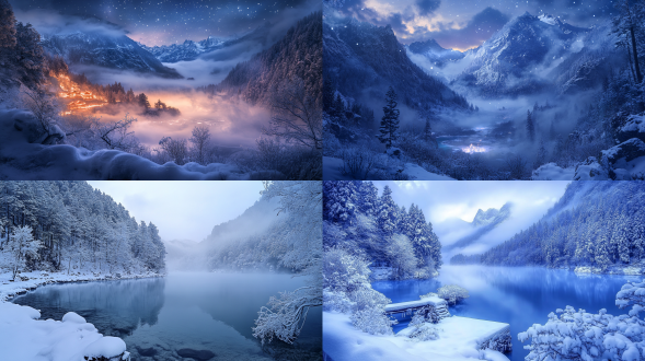 冬季，九寨沟，夜色迷人，云海，人间仙境，大面积天空，远处雾，远景，自然光线，真实风景，唯美意境，高清画质