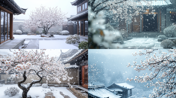 without snow, in a peaceful courtyard stands a unique plum blossom tree. the plum blossoms on the tree are clearly visible, like clusters of white flowers embellishing the cold winter. the yard is surrounded by white snow ，，人间仙境，大面积天空，远处雾，远景，自然光线，真实风景，唯美意境，高清画质