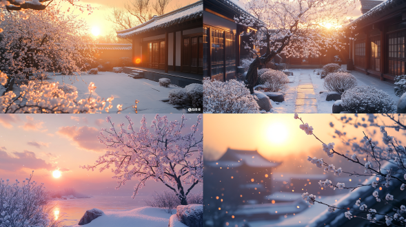 夕阳西下，在一个宁静的院子里，矗立着一棵独特的梅花树。树上的梅花清晰可见，就像一簇簇白色的花朵点缀着寒冷的冬天。院子被白雪包围着，人间仙境，大面积天空，远处雾，远景，自然光线，真实风景，唯美意境，高清画质