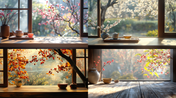 初秋，清晨，茶室，木桌，茶，窗外梅花，45°拍摄，自然光线，真实风景，唯美意境，高清画质