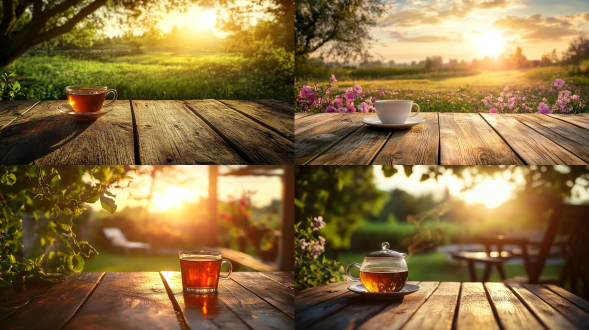 夏天，夕阳，木桌，茶，背景是农家小院，自然光线，真实风景，唯美意境，高清画质