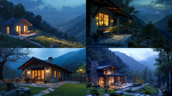 初春，夜间山间房子，石头，绿树，木质家具，舒适，温馨，自然色调，放松，窗外风景，高清广角镜头，宽景深，静态构图，柔和明暗，静谧，自然元素，温暖光影，柔和色彩，大面积天空，远景，自然光线，真实风景，唯美意境，高清画质