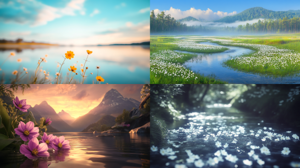 夏日清凉，清晨，小花，河流，自然色调，放松，温暖光影，柔和色彩，大面积天空，远景，自然光线，真实风景，唯美意境，高清画质