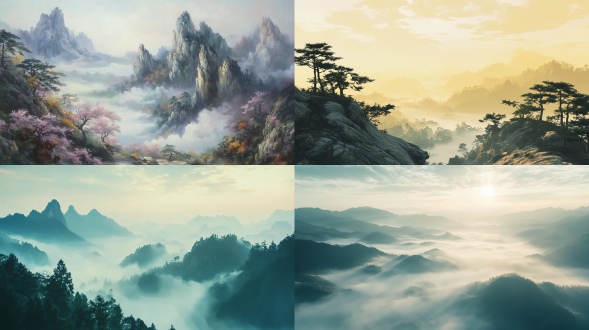 中国水墨画，一丝不苟的绘画，用毛笔画出的雨雾笼罩的山水，，温暖光影，柔和色彩，大面积天空，远处雾，远景，自然光线，真实风景，唯美意境，高清画质