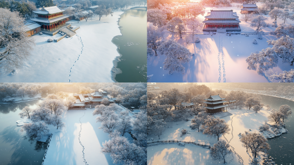 summer palace after snow, early morning, overhead view, footprints in the snow, minimalism, 3d rendering, hd 唯美意境，高清画质