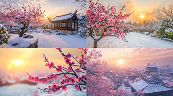 in the winter snow, there is a huge plum blossom tree with pink flowers, covered in white snow. the sunrise rises in the east, and the traditional landscape of jiangnan ancient town is quiet, beautiful, with high details, soft moonlight, soft colors, soft light, 16k, deep details, clear levels of detail, high-quality, high-definition, new love rendering, high-definition，高清画质，唯美意境