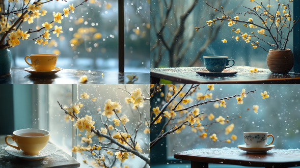 初冬，清晨，桌子上一杯茶,窗外黄色的梅花，小雪，微风，自然光线，唯美意境，高清画质
