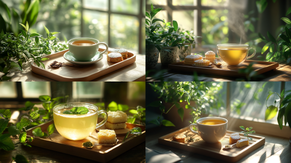 a cup of delicate green tea is placed on a wooden tray,with a teaspoon of dry tea and cakes beside it. green plants are decorated with chinese panes in the background. light hits the teacup from the side backlighting. the light and shadow are strong. the photo is taken with a slr camera,105mm lens,head-up angle,close-up view,clean and warm picture,ultra-high definition，微风，自然光线，唯美意境，高清画质