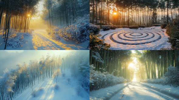 初冬，清晨，第一缕阳光，茶艺，雪地，竹林，微风，自然光线，远景，俯拍，唯美意境，高清画质