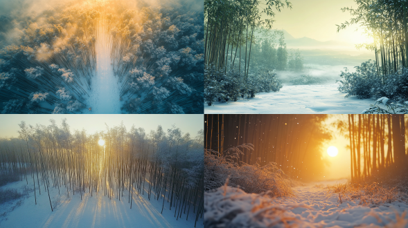 初冬，清晨，第一缕阳光，茶艺，雪地，竹林，微风，自然光线，远景，俯拍，唯美意境，高清画质