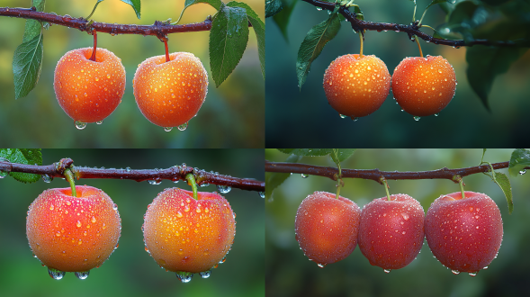 two fresh and juicy apricots hanging on the branch, with a green background, water droplets on the fruit surface, a close-up shot, macro photography, high-definition photography, bright colors, natural light, static composition, natural elements, and rich details. high resolution, natural texture.,远景，高清画质